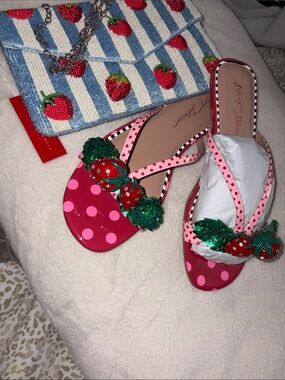 Betsey Johnson Pink Polka Dot Slide Sandals with Green Sparkle Strawberries